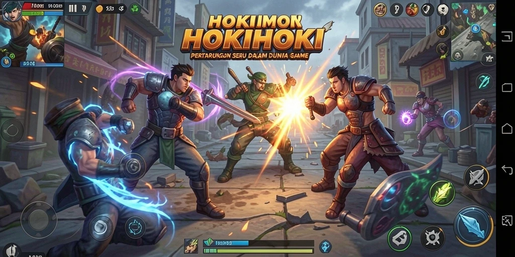Screenshot gameplay HOKIHOKI menampilkan pertarungan seru di arena.